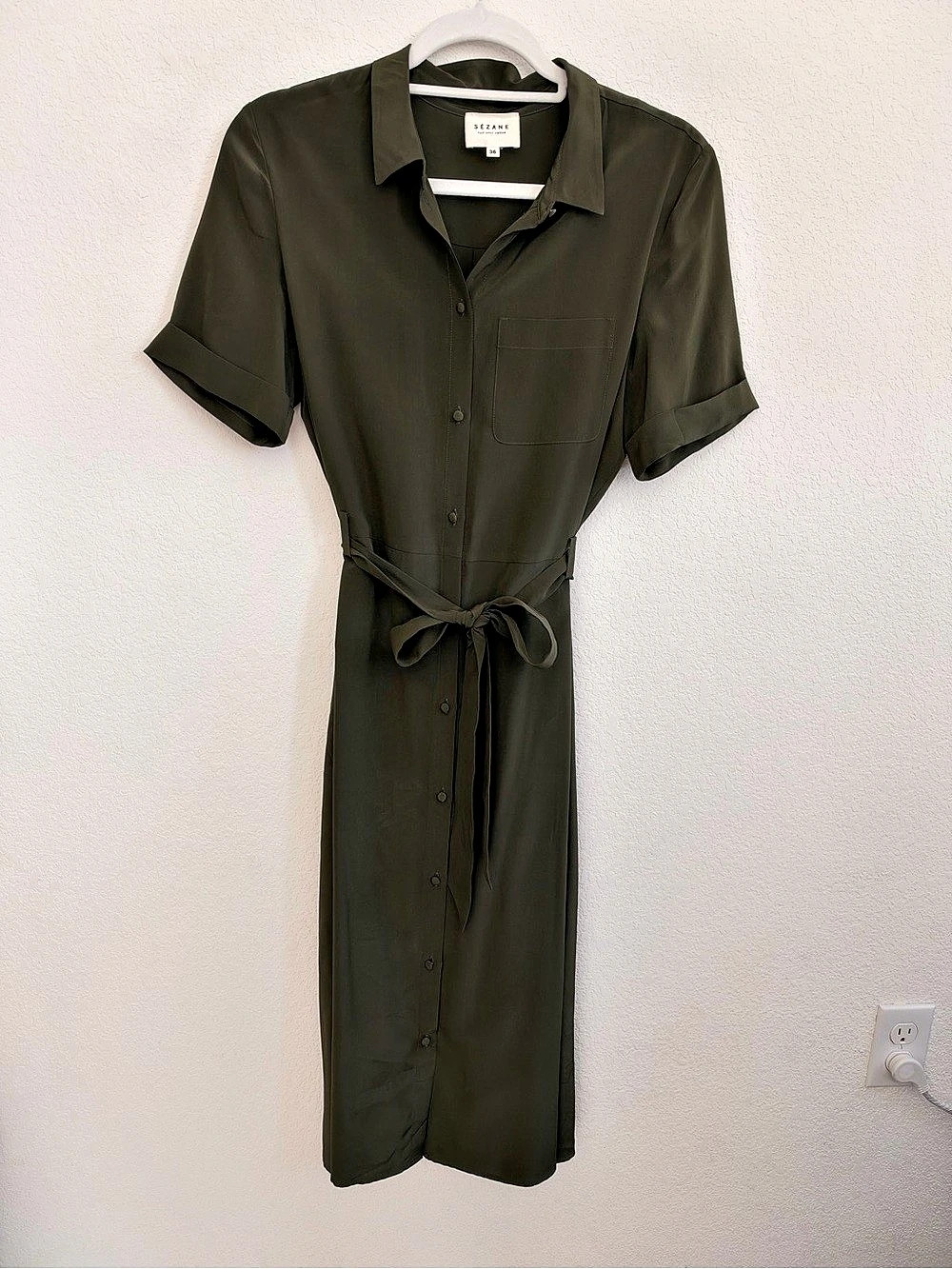 Sézane Raquel Dress Silk Midi Shirt Dress Green Size 36